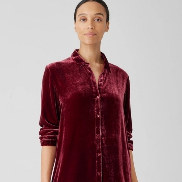 Eileen Fisher velvet classic collar long shirt deep claret Large NWT - Picture 2 of 8